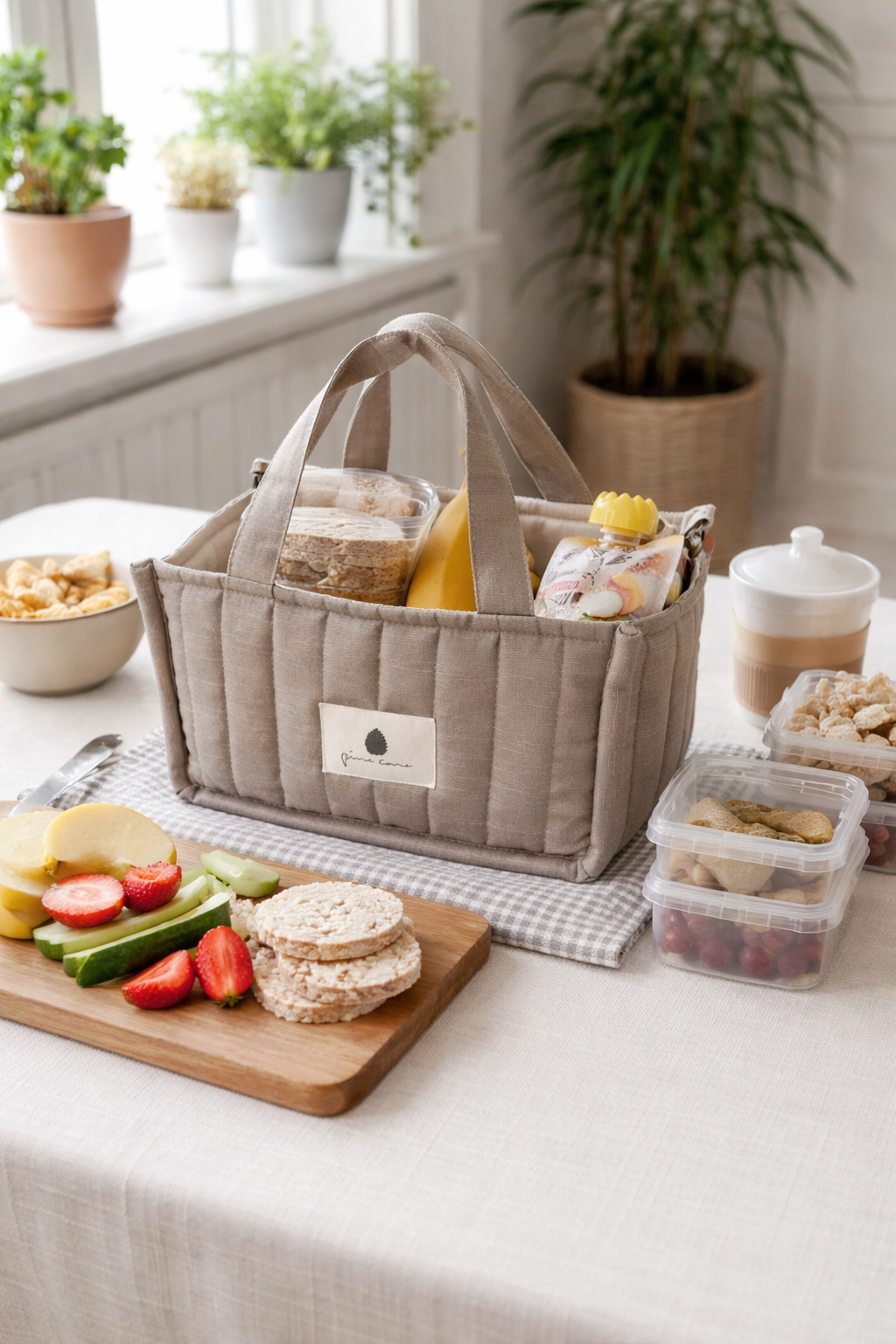 Herman Storage Bag in Mushroom on a kitchen table with neatly arranged healthy baby snacks